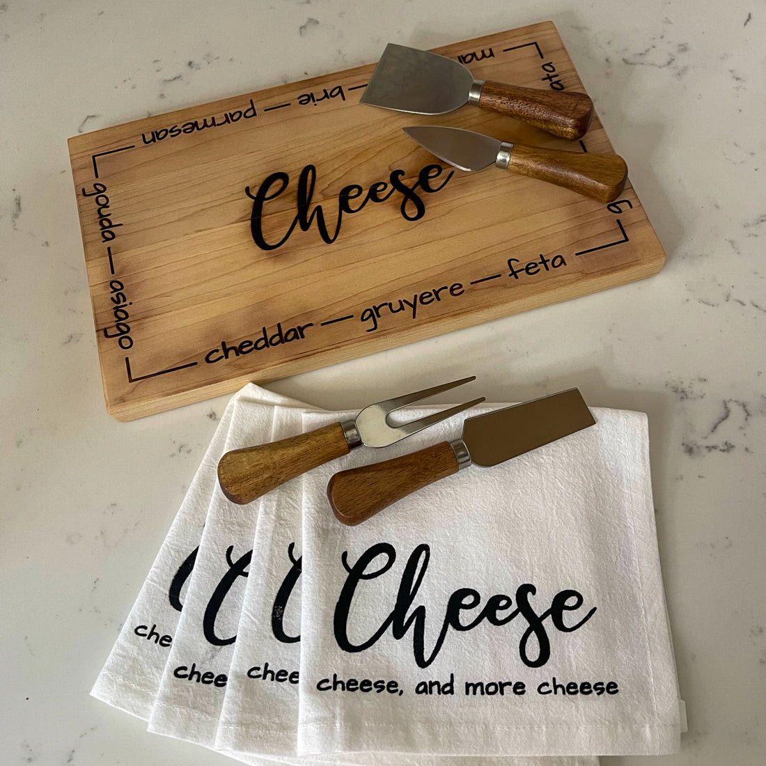 cutting board: wood-burned | cheese set