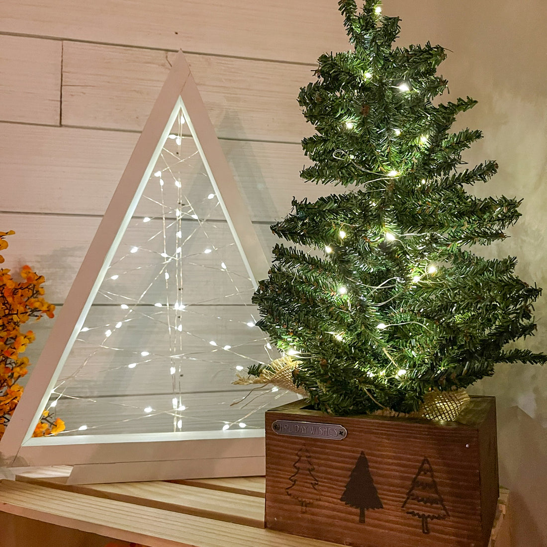 rustic brick-mold inspired wood box with christmas tree | wood-burned