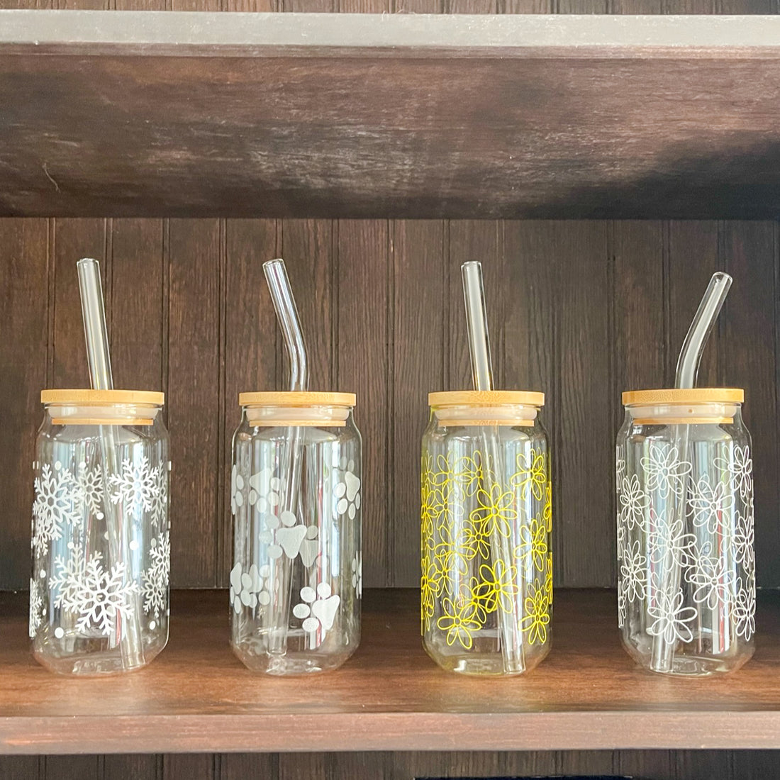 soda/pop glass with bamboo lid and glass straw | various fun designs