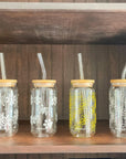 soda/pop glass with bamboo lid and glass straw | various fun designs
