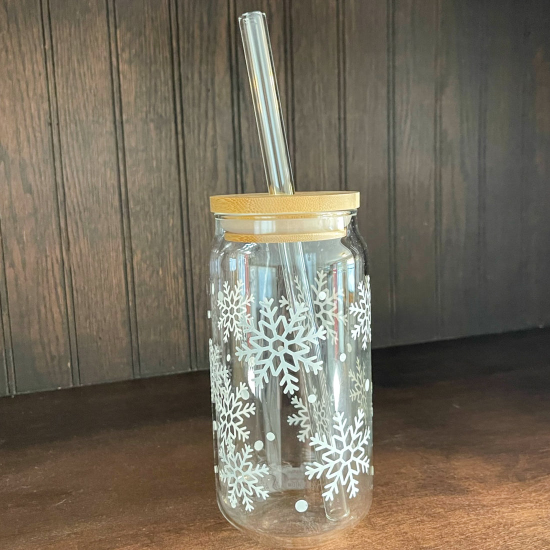 soda/pop glass with bamboo lid and glass straw | various fun designs