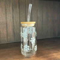 soda/pop glass with bamboo lid and glass straw | various fun designs