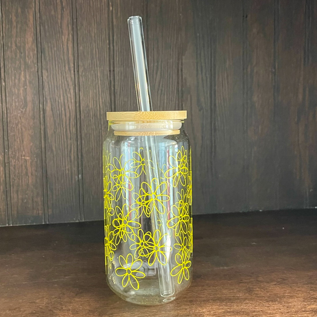 soda/pop glass with bamboo lid and glass straw | various fun designs