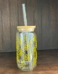 soda/pop glass with bamboo lid and glass straw | various fun designs