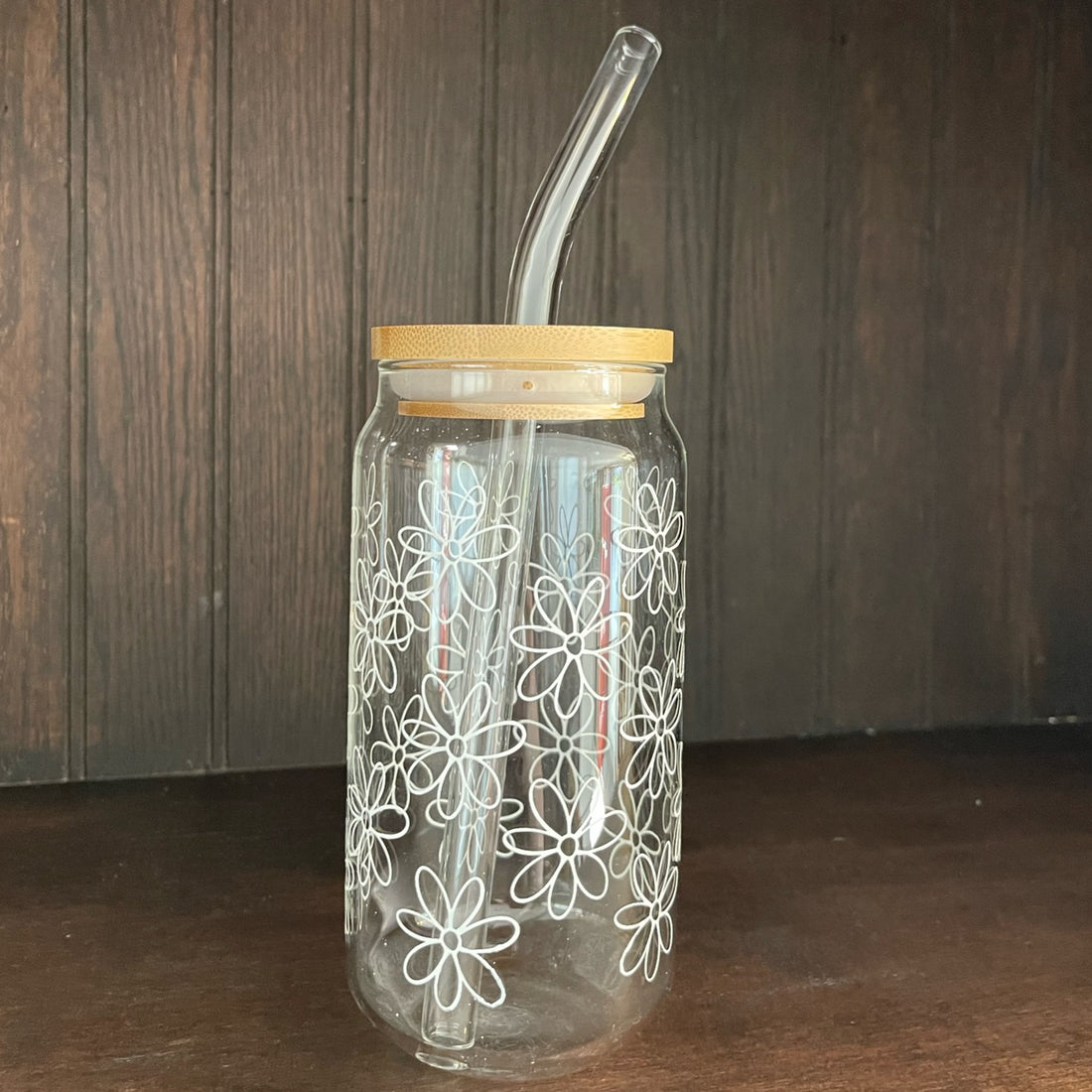 soda/pop glass with bamboo lid and glass straw | various fun designs