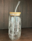 soda/pop glass with bamboo lid and glass straw | various fun designs