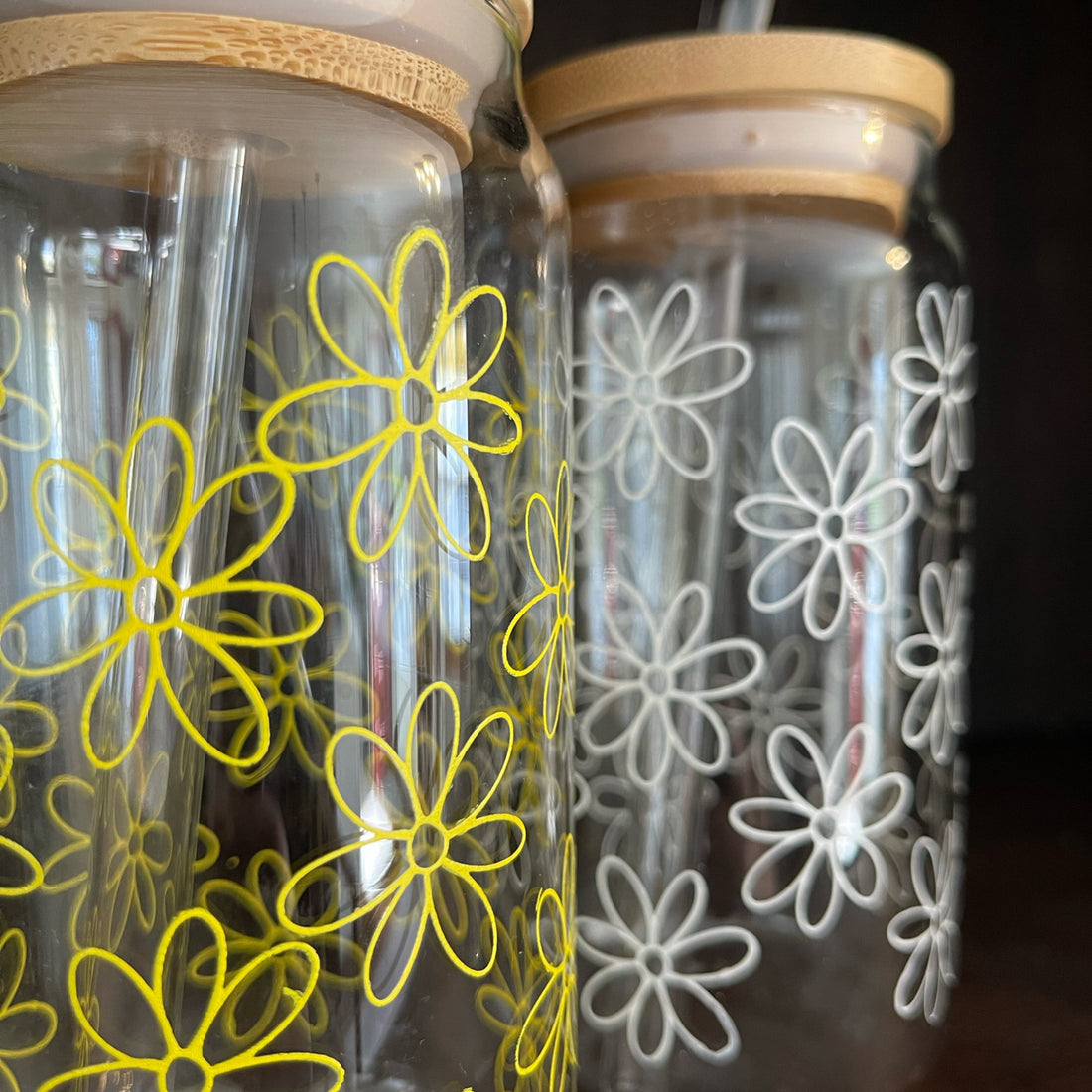 soda/pop glass with bamboo lid and glass straw | various fun designs