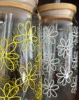 soda/pop glass with bamboo lid and glass straw | various fun designs