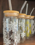 soda/pop glass with bamboo lid and glass straw | various fun designs