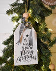 rustic christmas tree ornament with silver bell | white