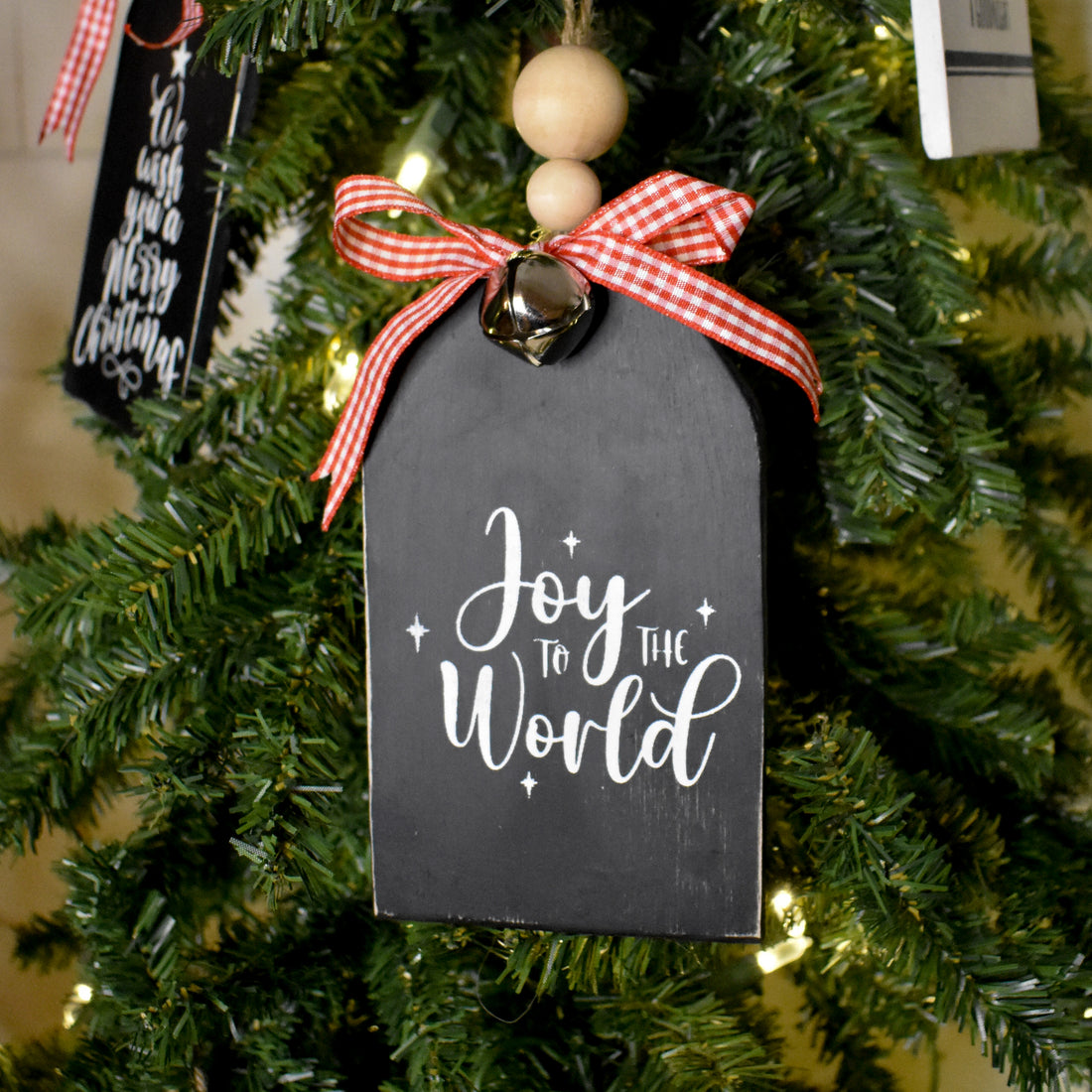 rustic christmas tree ornament with silver bell | black