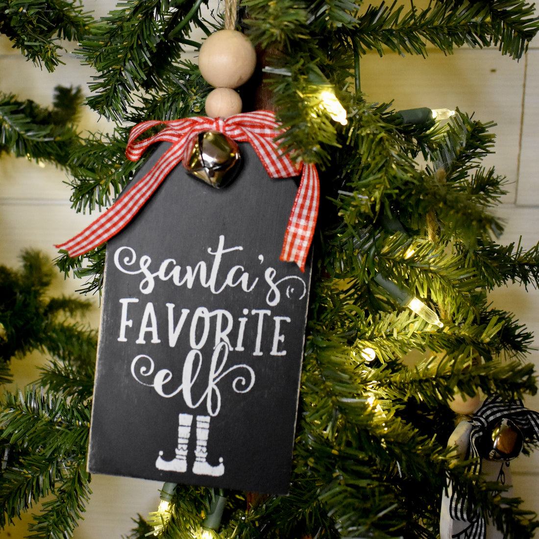 rustic christmas tree ornament with silver bell | black