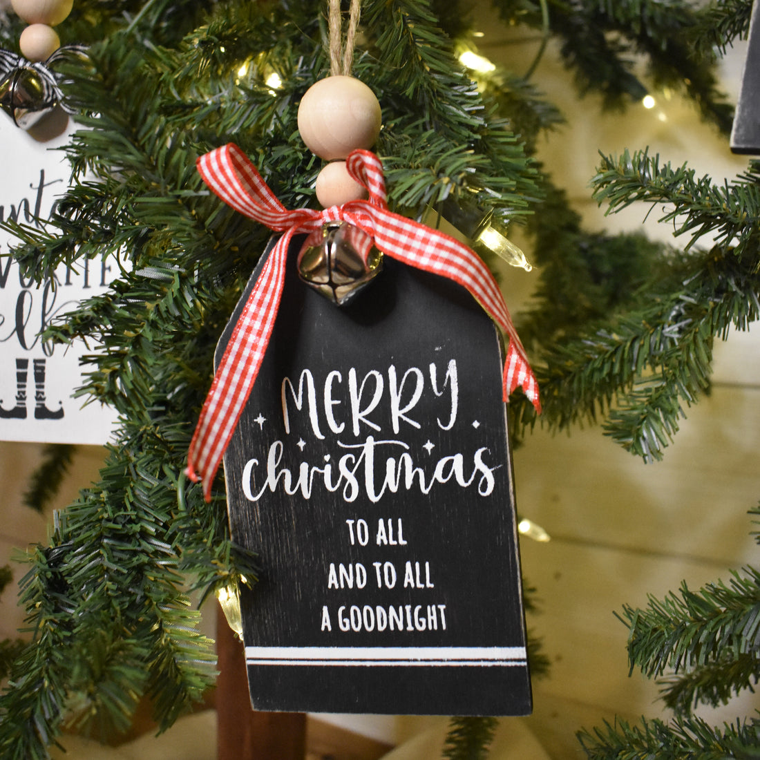 rustic christmas tree ornament with silver bell | black