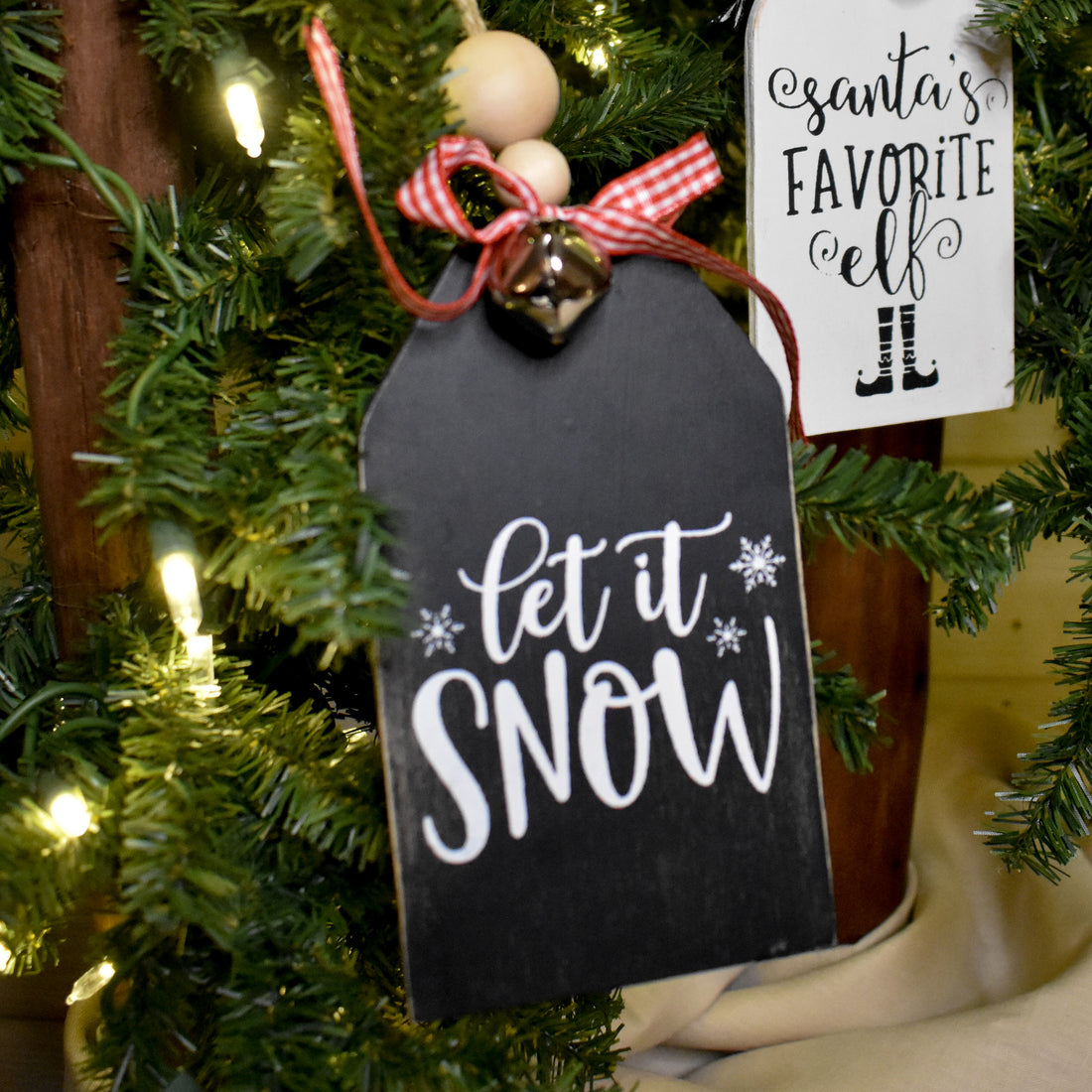 rustic christmas tree ornament with silver bell | black