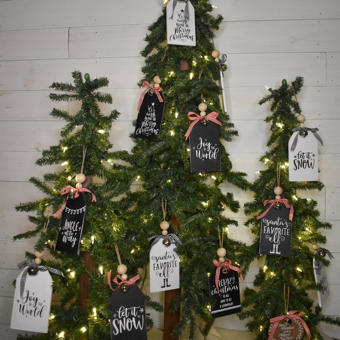 rustic christmas tree ornament with silver bell | white