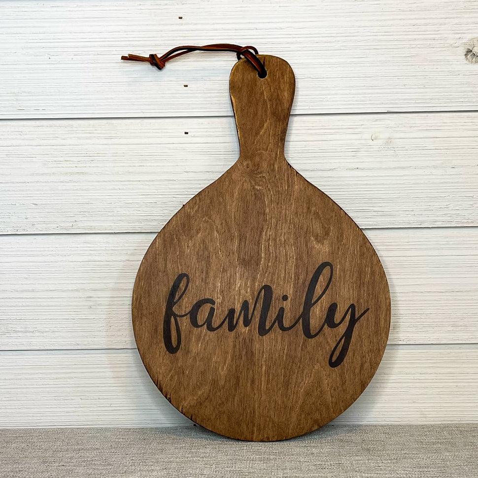 cutting board: wood-burned | family