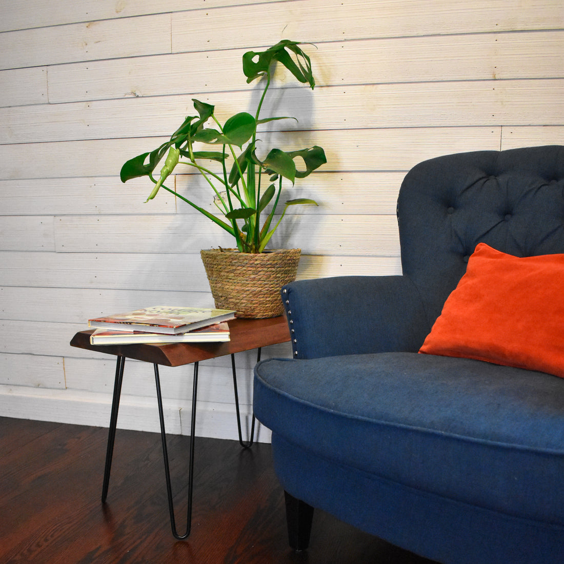 maple live edge bench / side table with black steel hairpin legs