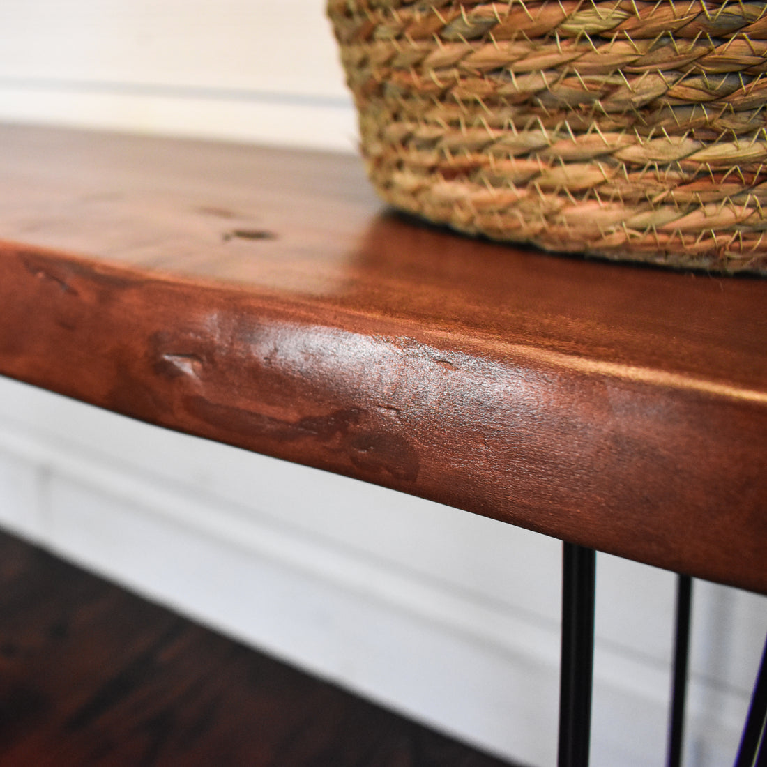 maple live edge bench / side table with black steel hairpin legs