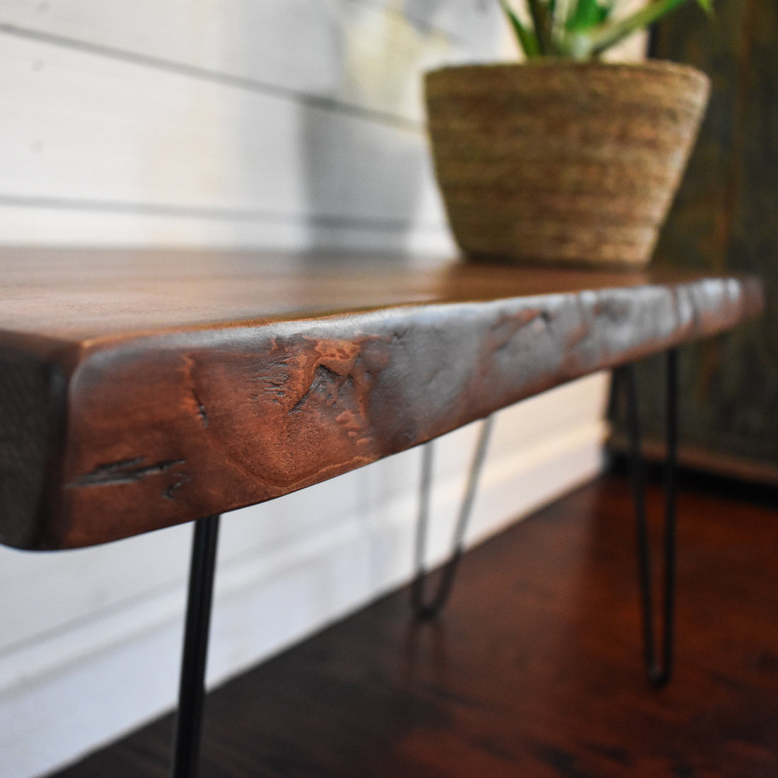 maple live edge bench / side table with black steel hairpin legs