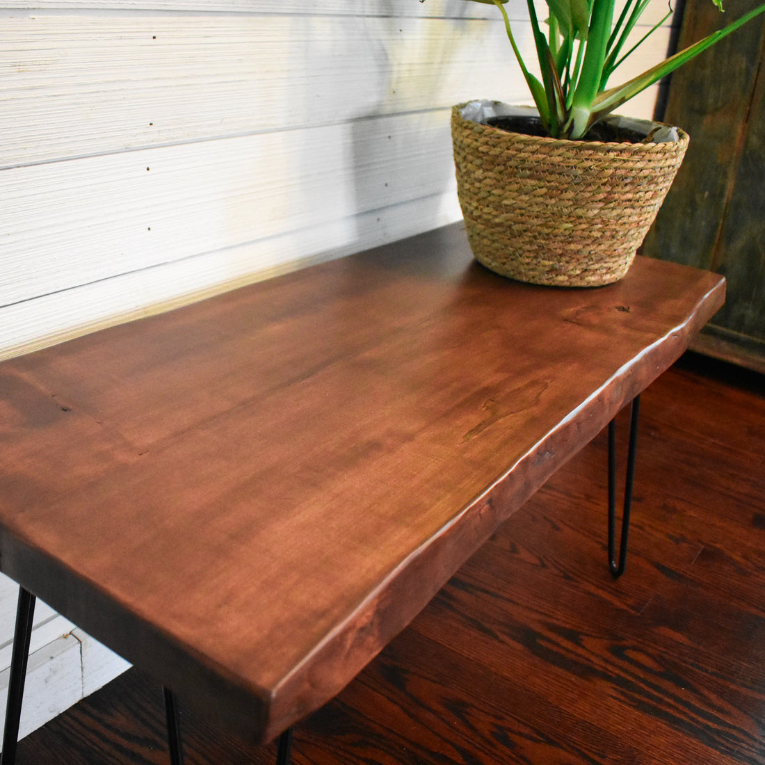maple live edge bench / side table with black steel hairpin legs