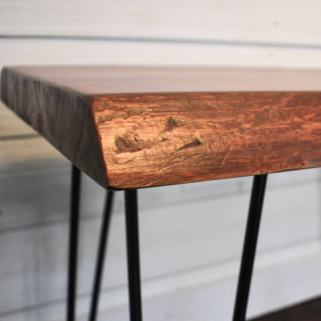 maple live edge bench / side table with black steel hairpin legs