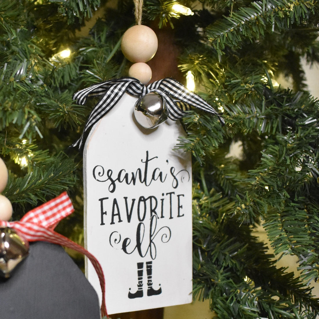 rustic christmas tree ornament with silver bell | white