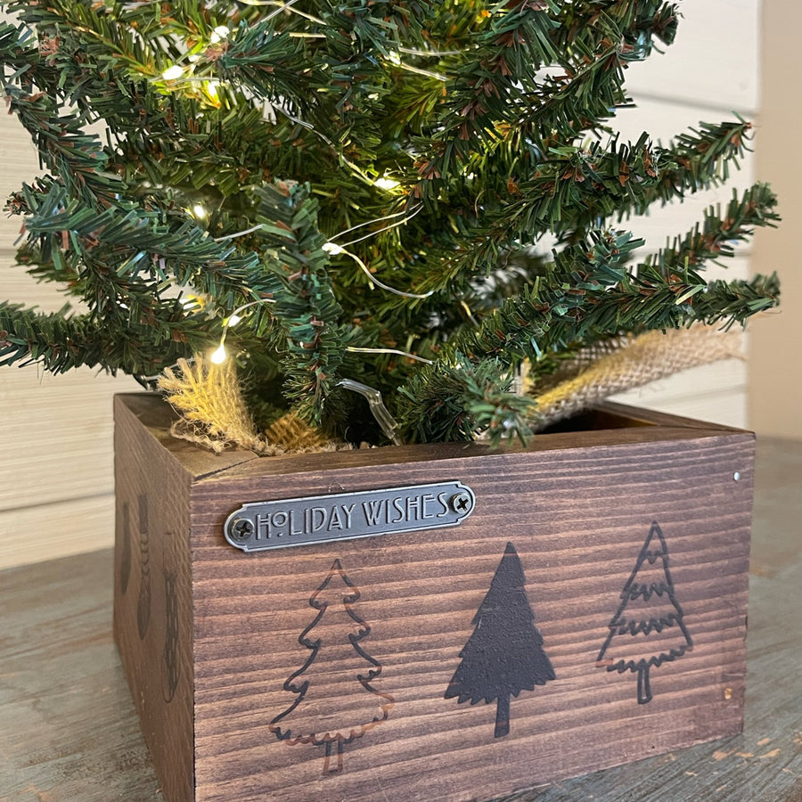 rustic brick-mold inspired wood box with christmas tree | wood-burned