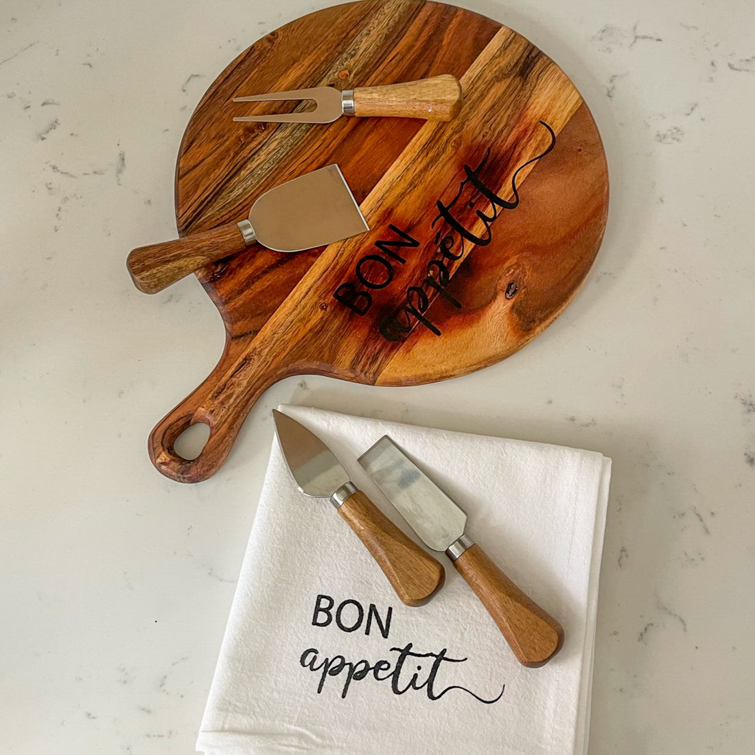 cutting board: wood-burned | bon appetite set