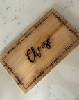 cutting board: wood-burned | cheese set