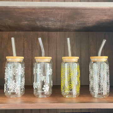 soda/pop glass with bamboo lid and glass straw | various fun designs