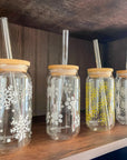 soda/pop glass with bamboo lid and glass straw | various fun designs