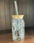 soda/pop glass with bamboo lid and glass straw | various fun designs