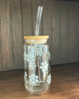 soda/pop glass with bamboo lid and glass straw | various fun designs