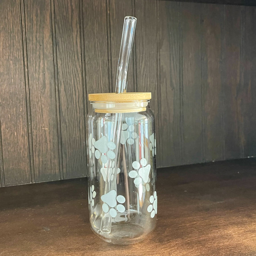 soda/pop glass with bamboo lid and glass straw | various fun designs