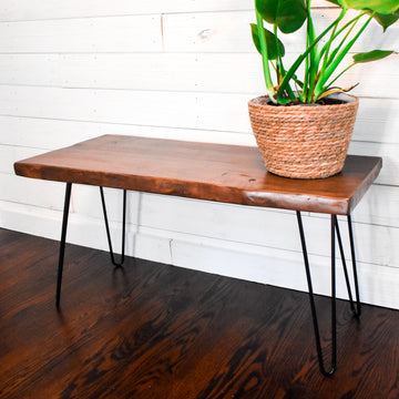 maple live edge bench / side table with black steel hairpin legs