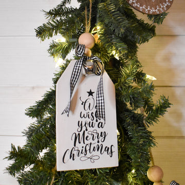 rustic christmas tree ornament with silver bell | white