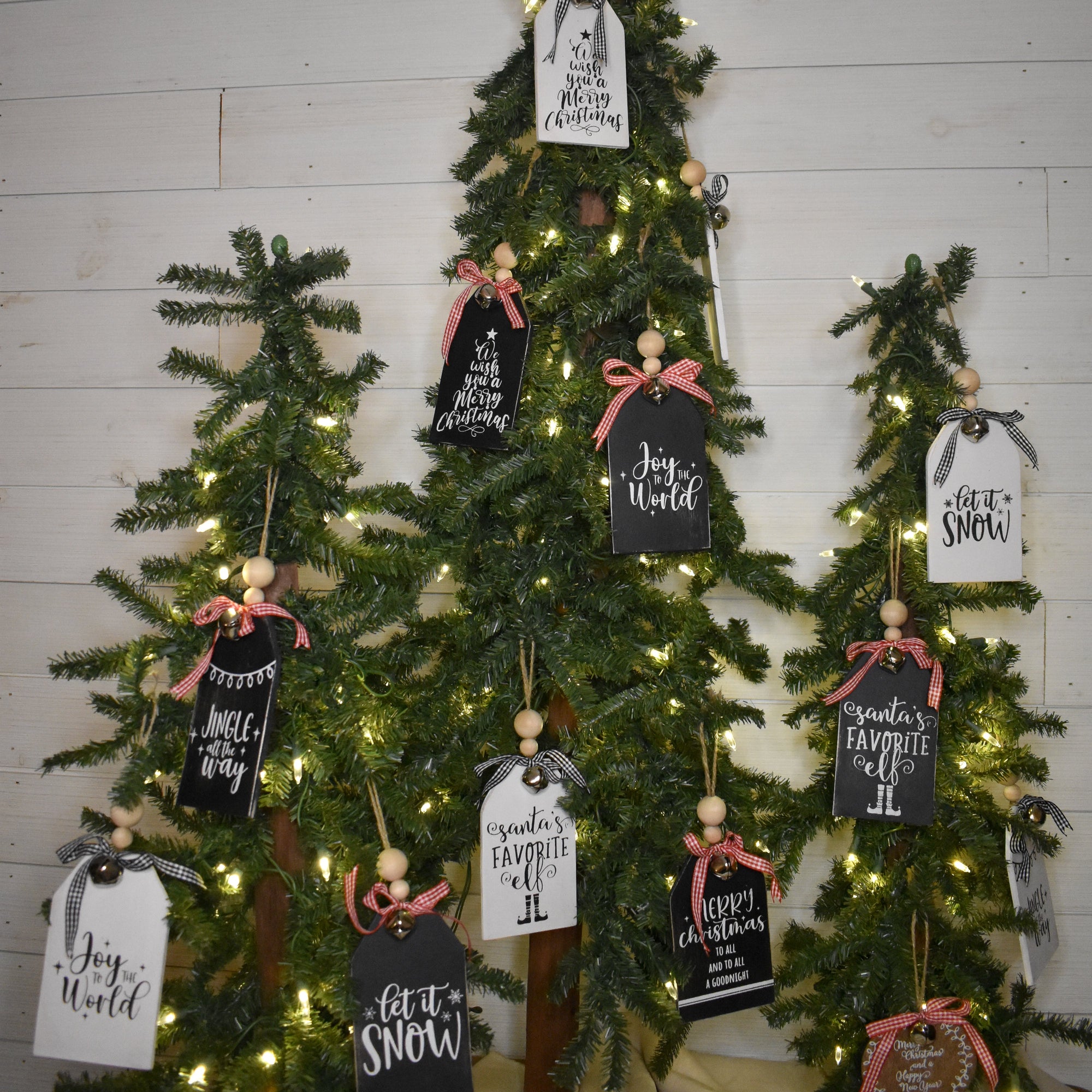 rustic christmas tree ornament with silver bell | white