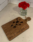 cutting board: wood-burned | p.s. i love you with envelope and hearts