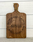 cutting board: wood-burned | home town zip code | downers grove illinois