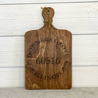 cutting board: wood-burned | home town zip code | downers grove illinois