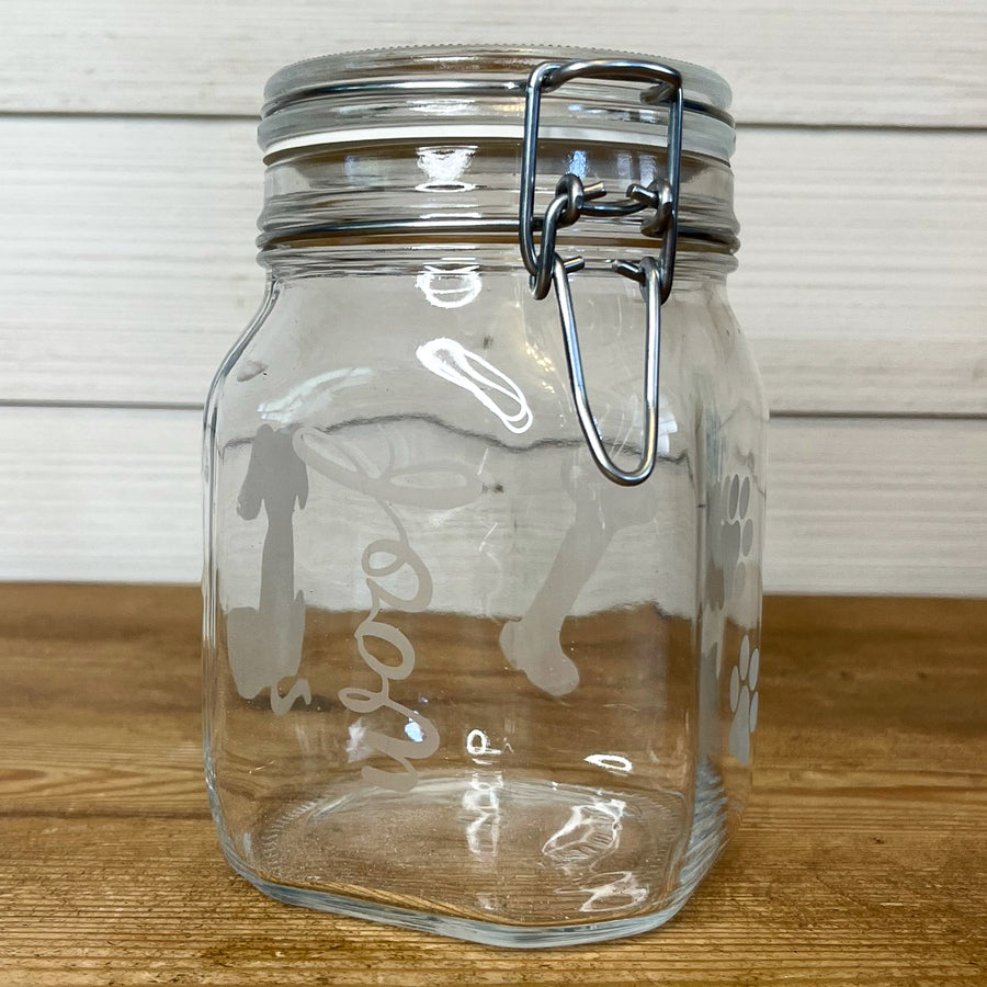 etched glass dog treat jar